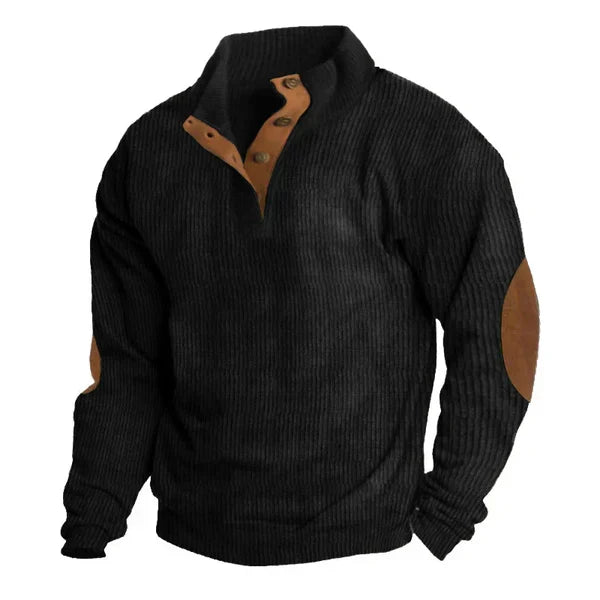 Men's Ribbed Stand Collar Sweatshirt with Contrast Patches