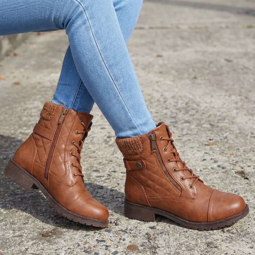 Bottines montantes à lacets pour femmes avec revers tricoté