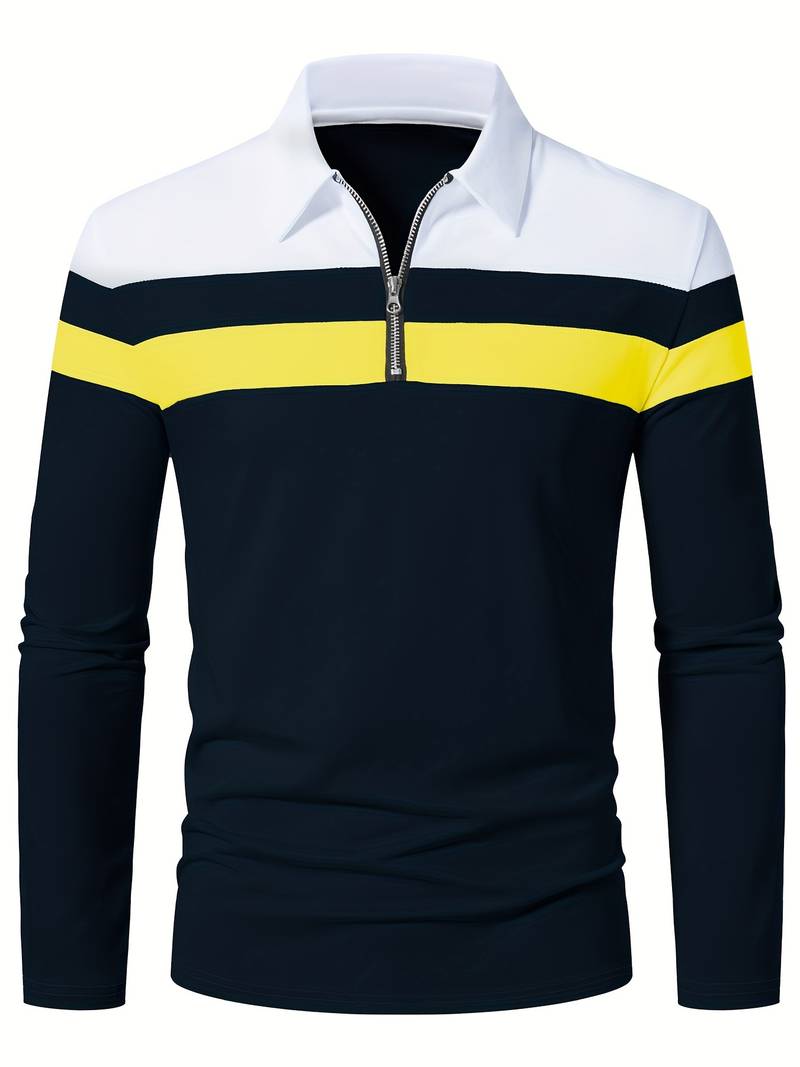 Men's Quarter Zip Colour Block Polo Shirt