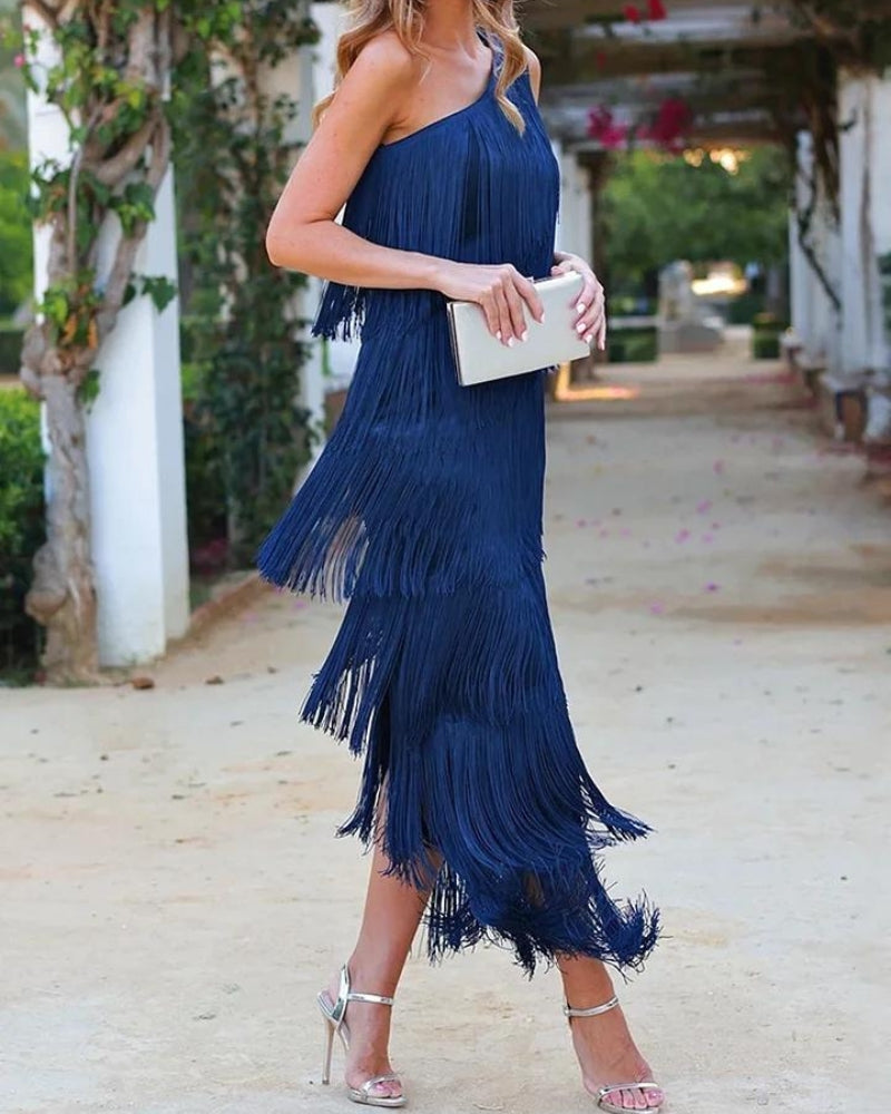 Women's One Shoulder Fringe Maxi Dress