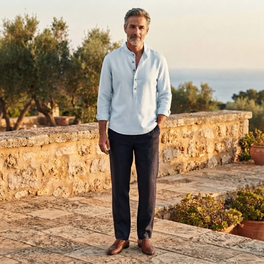 Men's Grandad Collar Linen Shirt with Button Placket