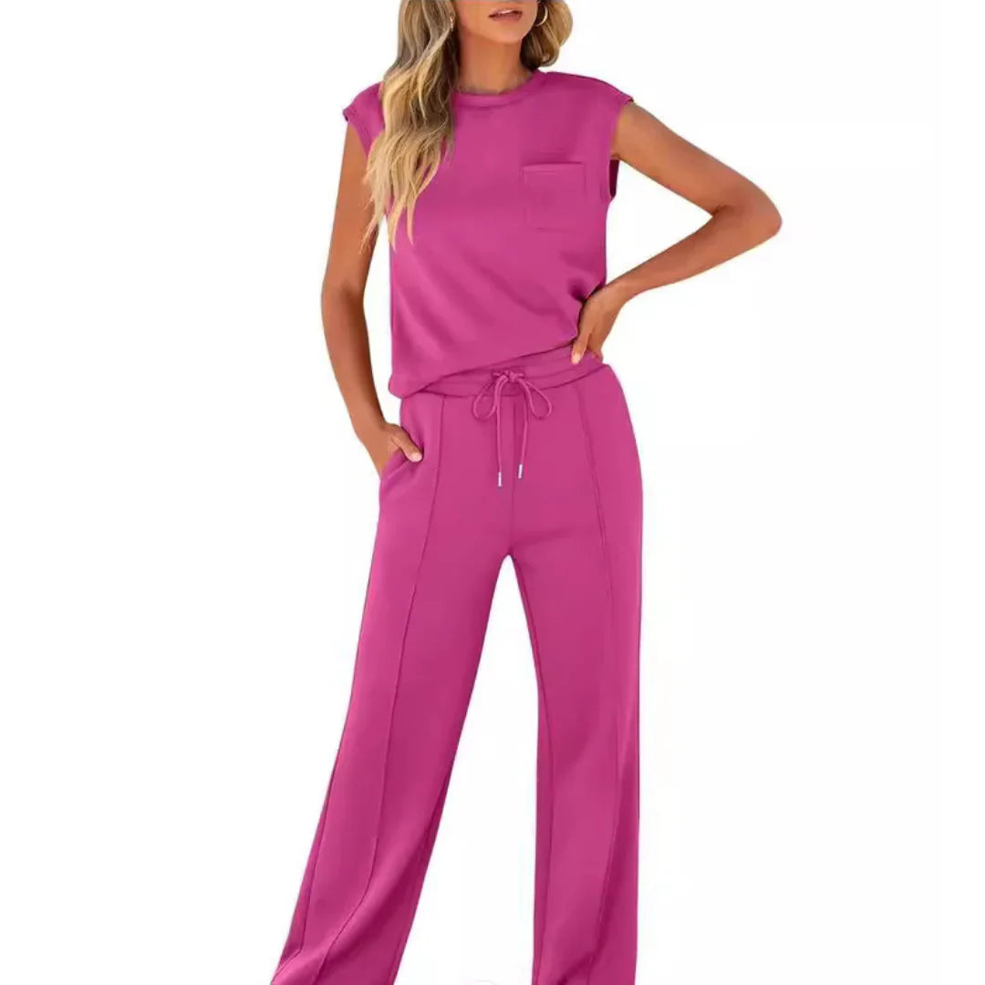 Women's Cap Sleeve Top and Drawstring Wide Leg Set