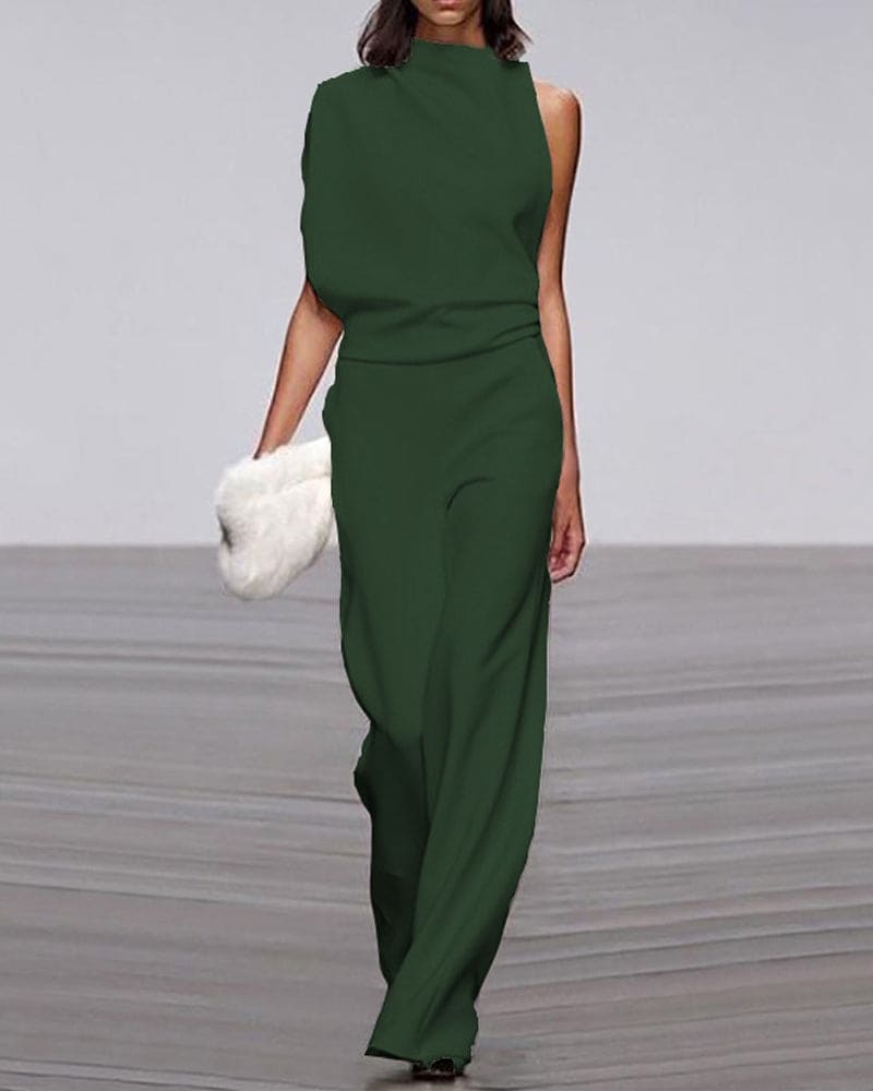 One-Shoulder Wide-Leg Jumpsuit with Draped Neckline