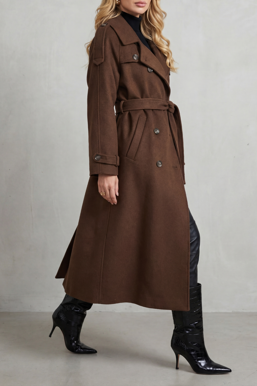 Trench-coat long pour femme, croisé à double boutonnage et ceinturé