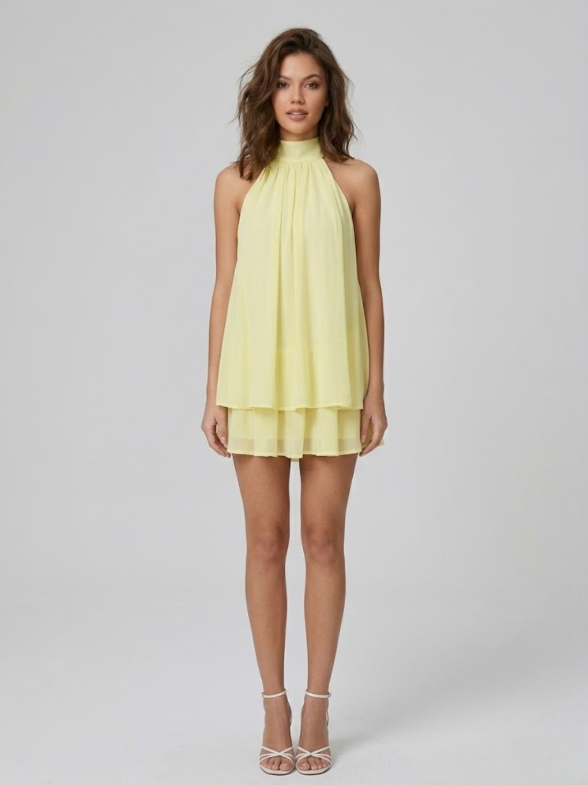 Halter Neck Chiffon Mini Dress with Tiered Hem