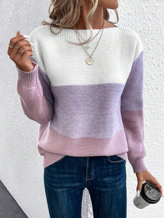 Pull en maille patchwork pour femme | Col rond à empiècements contrastés
