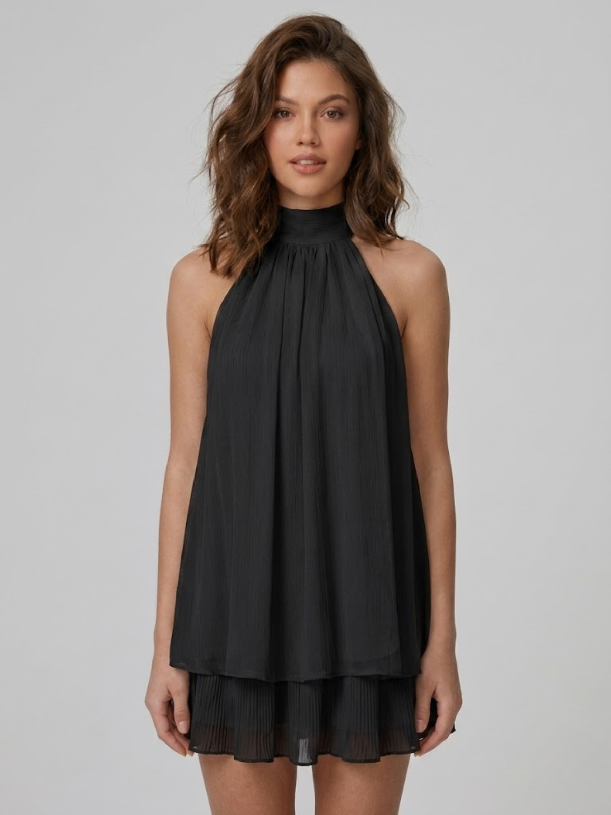 Halter Neck Chiffon Mini Dress with Tiered Hem
