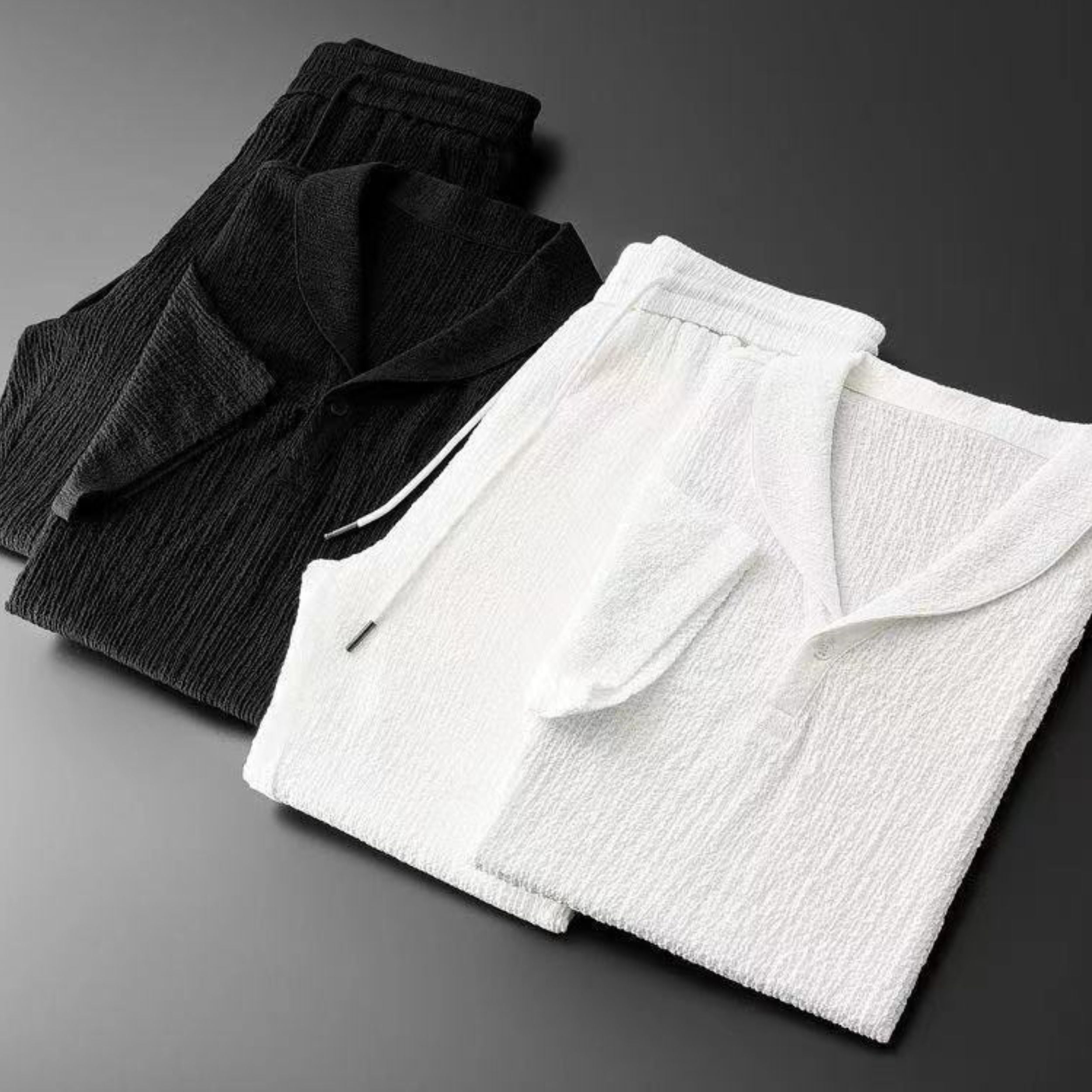 Textured Lounge Set with Camp Collar and Drawstring Waist