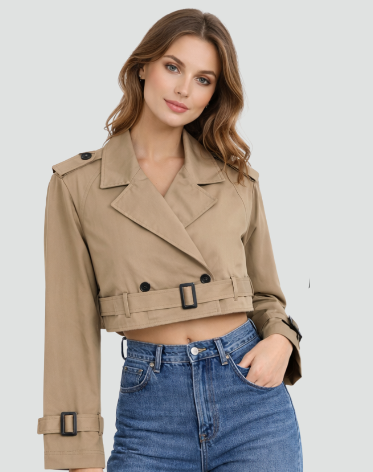 Women's Cropped Double-Breasted Trench Jacket with Belt