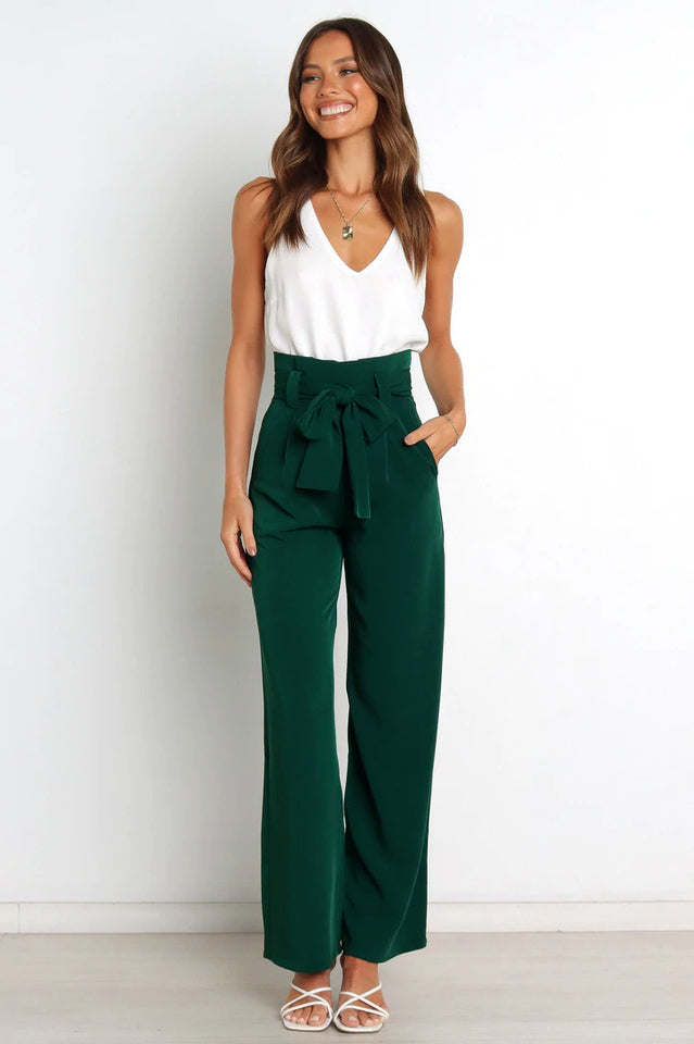 Pantalon large taille haute pour femme avec ceinture à nouer