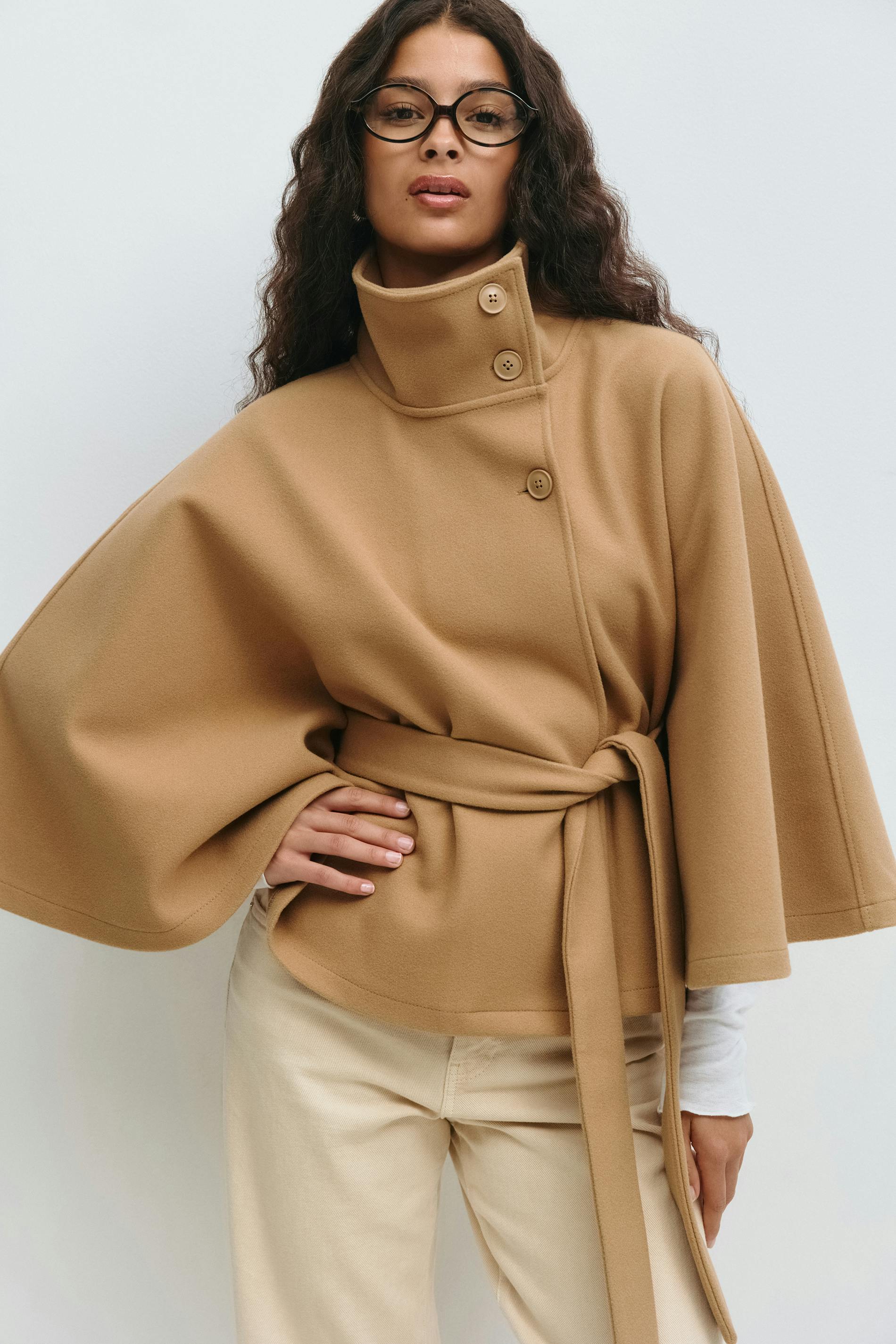 Women's Belted Cape Jacket with High Collar