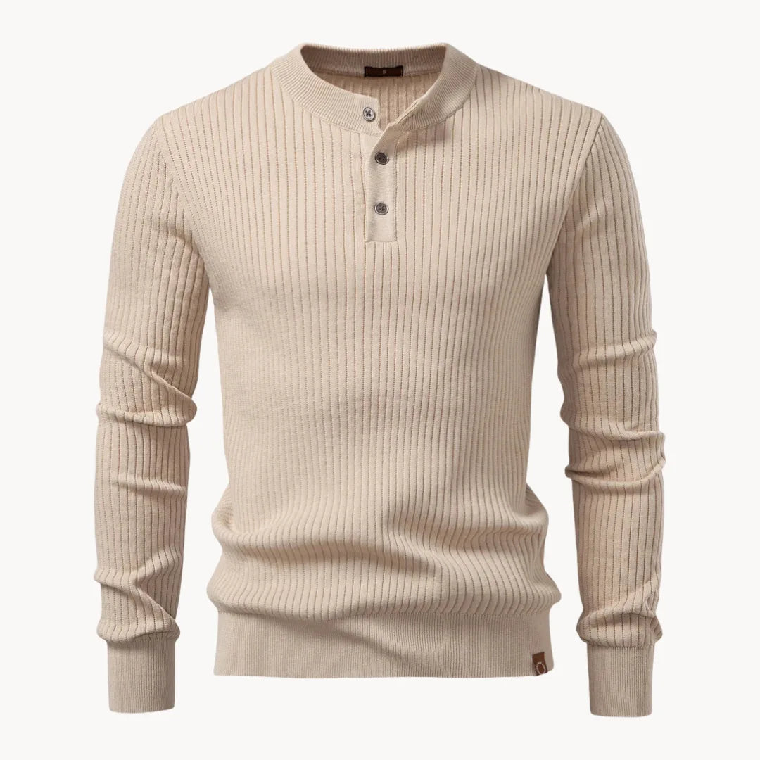 Men's Ribbed Henley Sweater with Button Neck