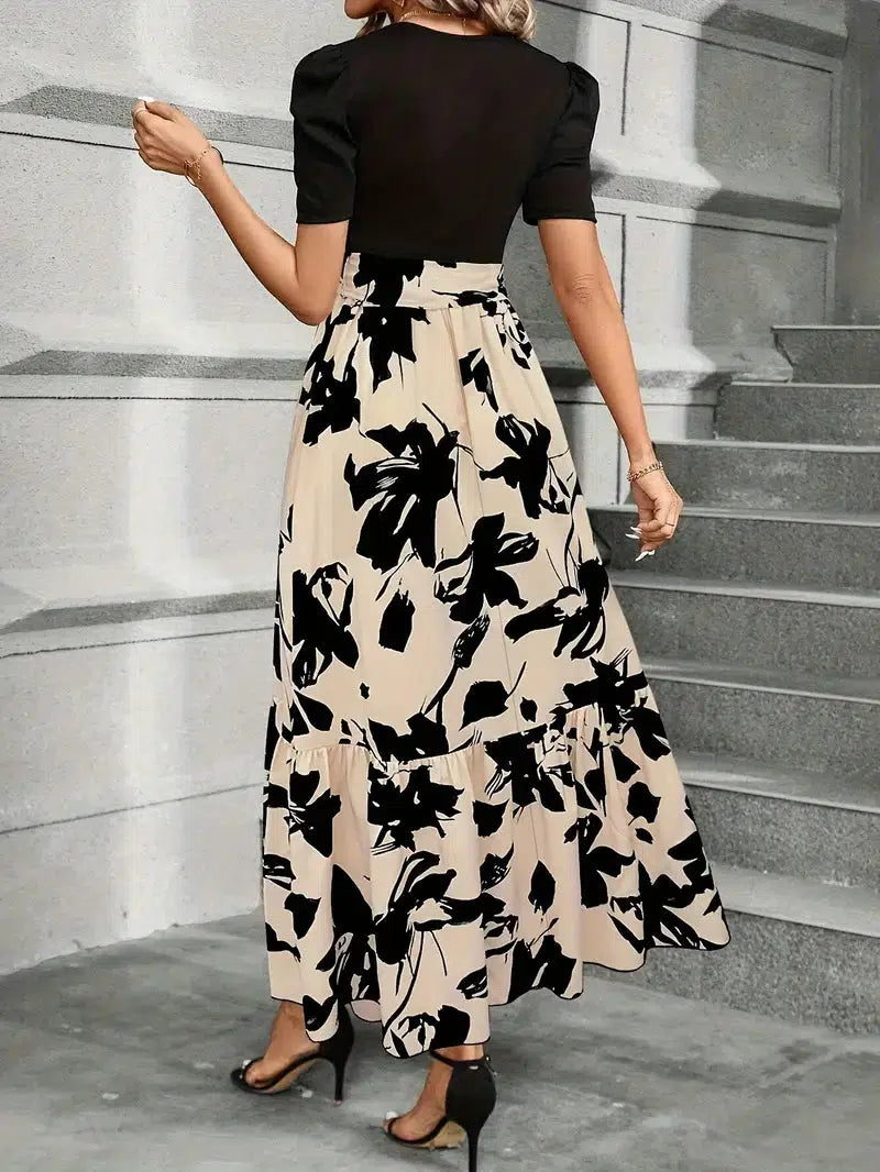 Printed Maxi Dress with Contrast Bodice and Tiered Hem