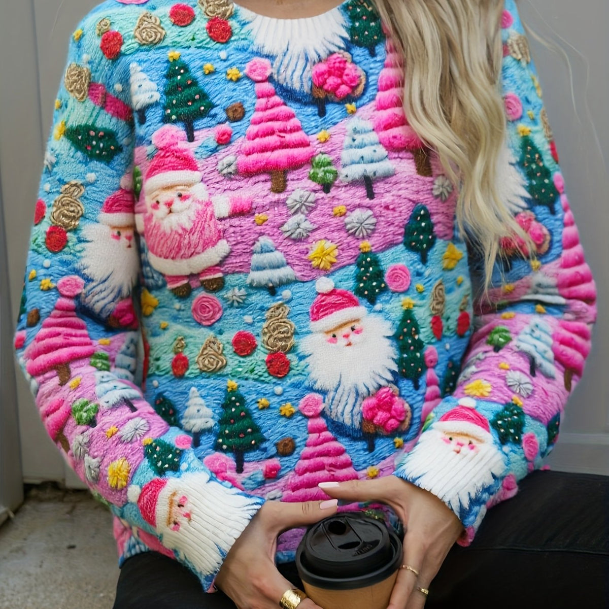 Pull de Noël oversize pour femme | Pull en maille imprimé Père Noël
