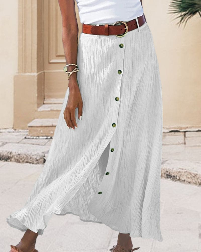 Linen Maxi Skirt with Button Front and Belted Waist