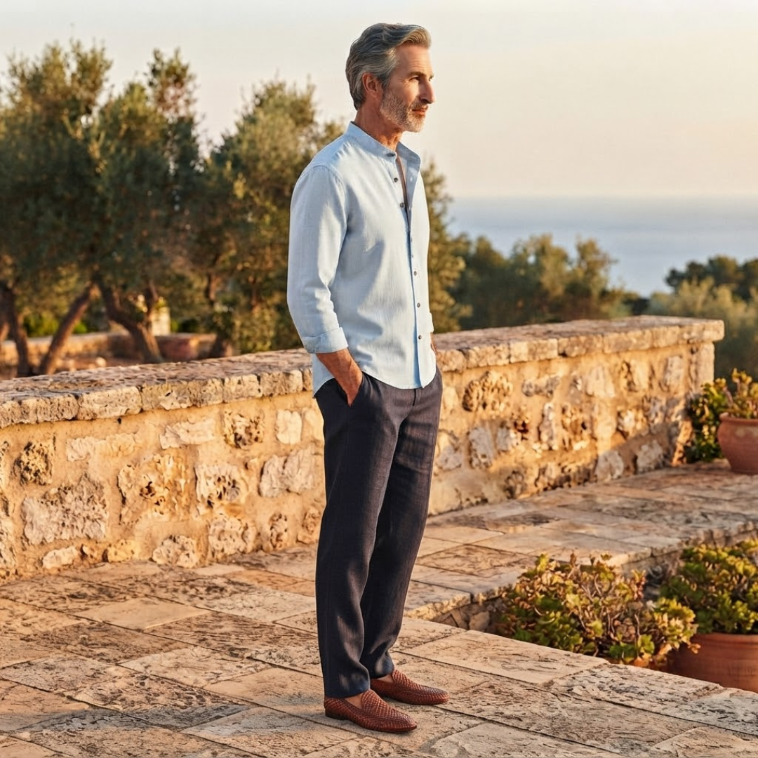 Men's Grandad Collar Linen Shirt with Button Placket