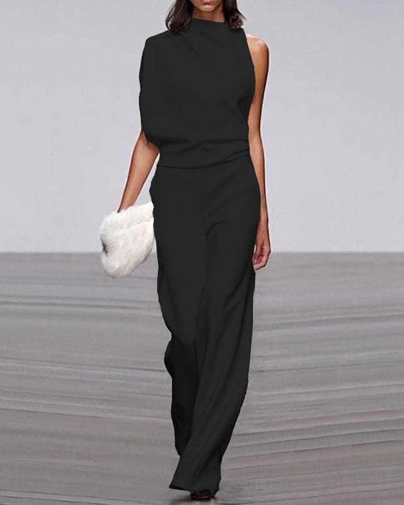 One-Shoulder Wide-Leg Jumpsuit with Draped Neckline