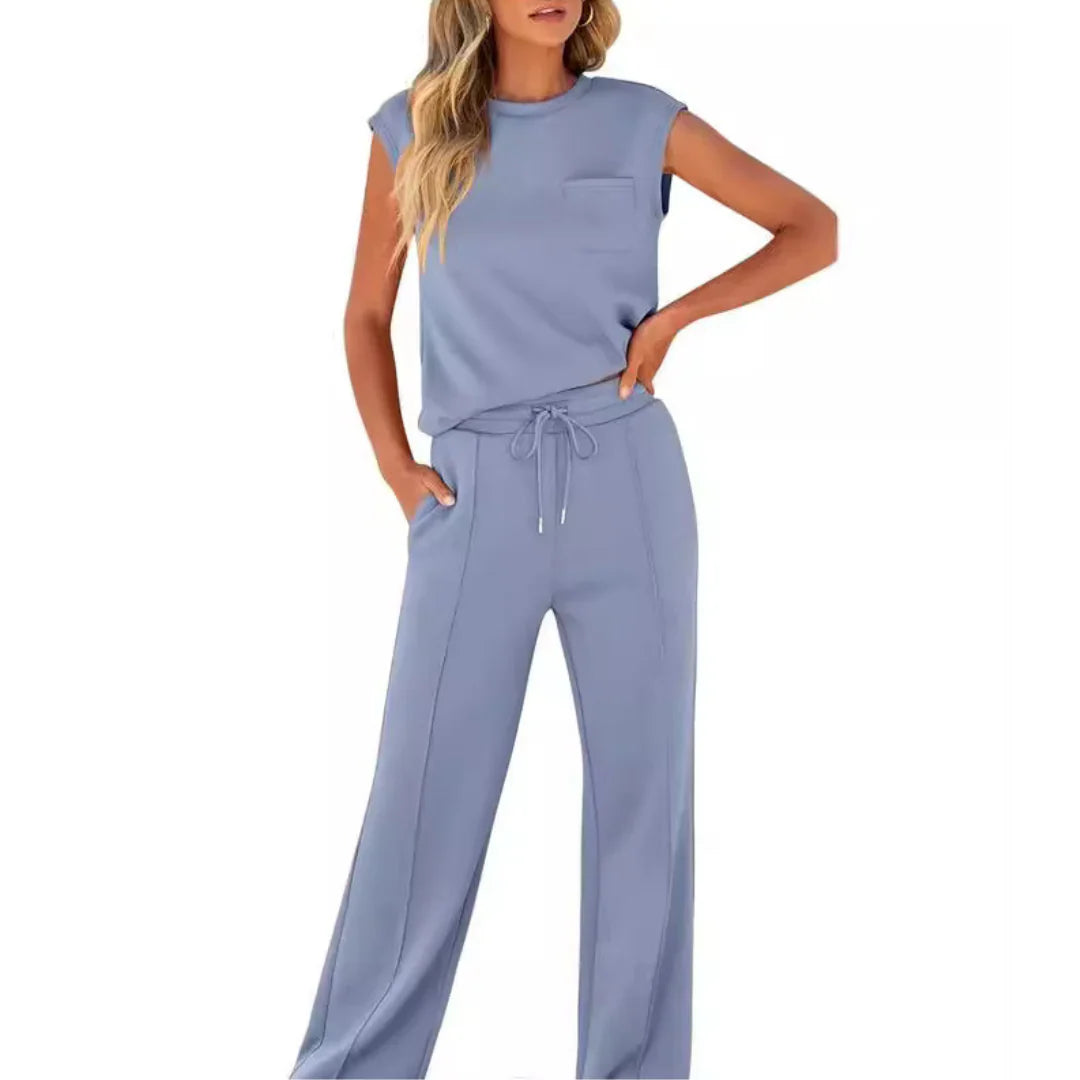 Women's Cap Sleeve Top and Drawstring Wide Leg Set