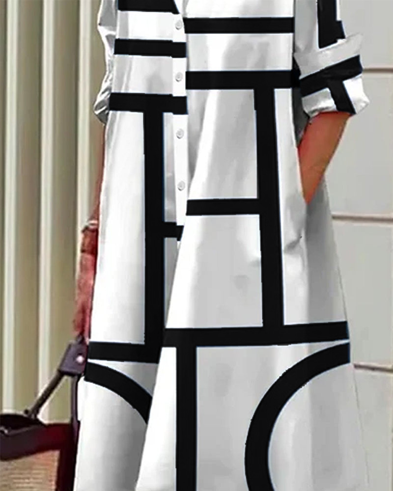 Geometric Print Shirt Dress with Button Front