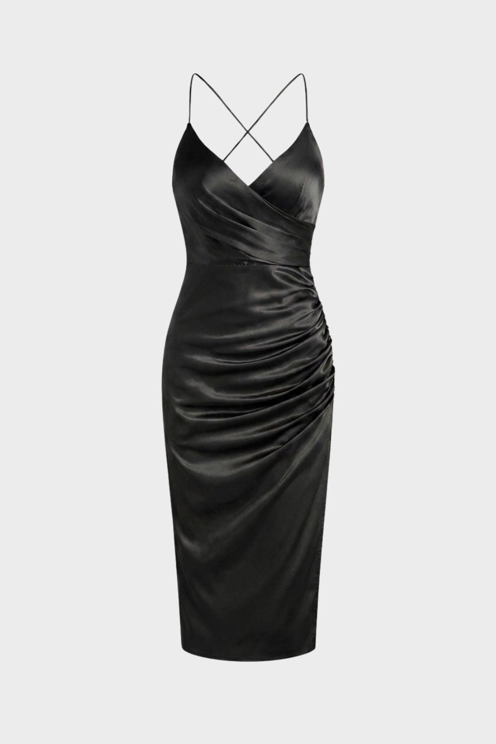 Satin Midi Dress with Ruched Side and Crossed Straps