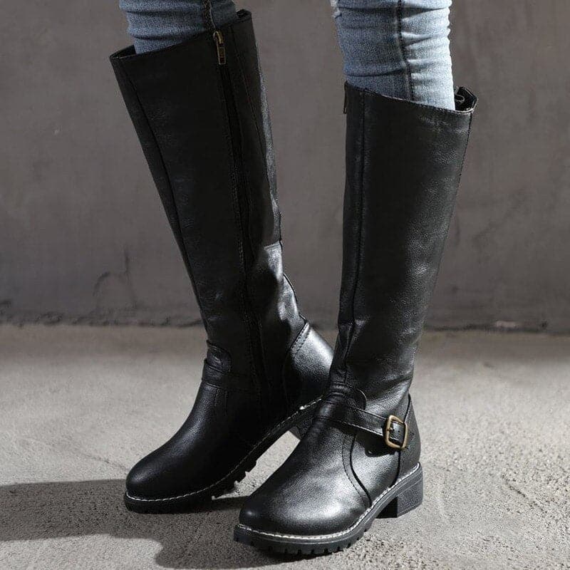 Women's Knee High Boots with Side Zip & Buckle Detail