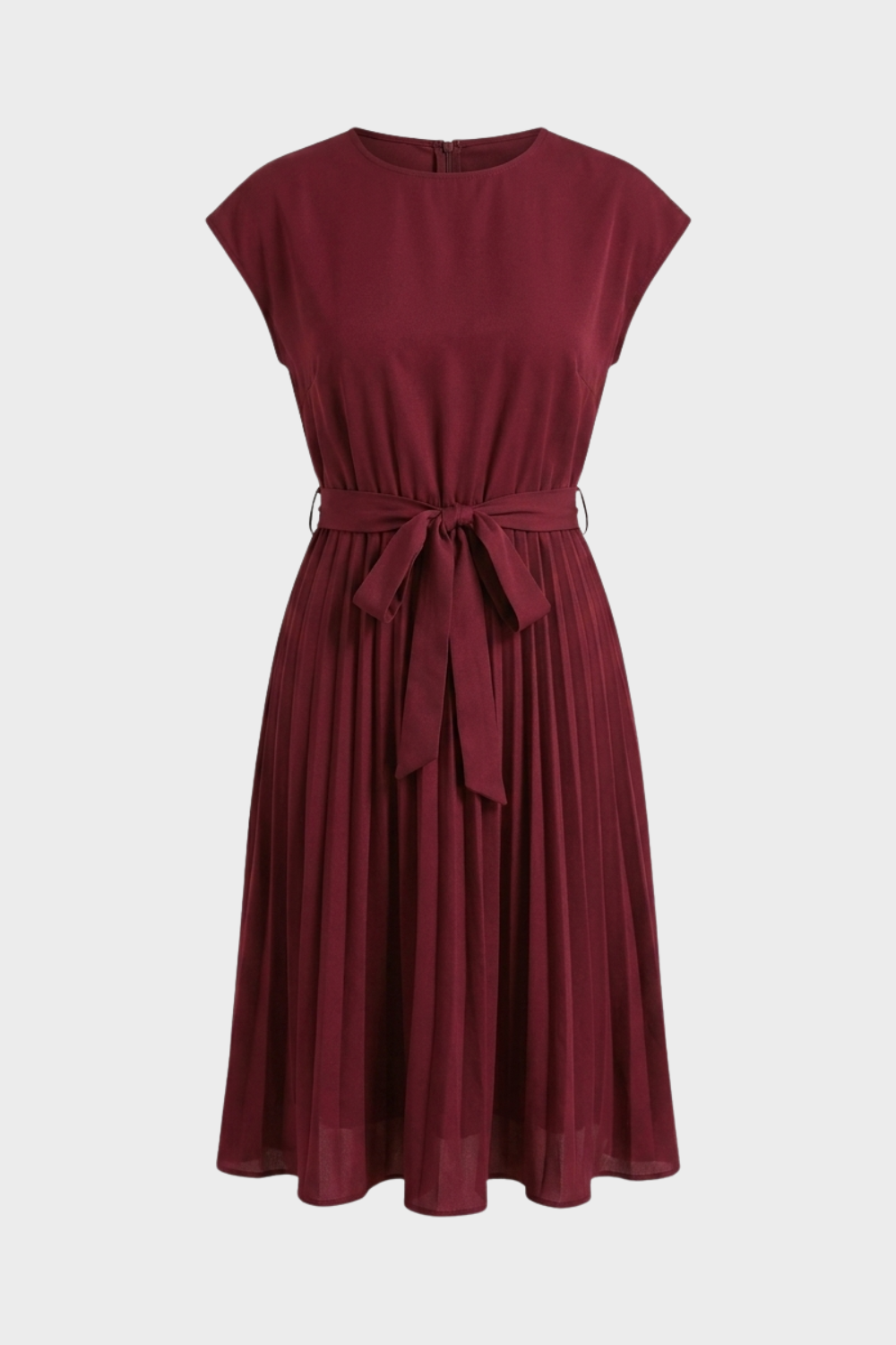 Pleated Midi Dress with Cap Sleeves and Tie Waist