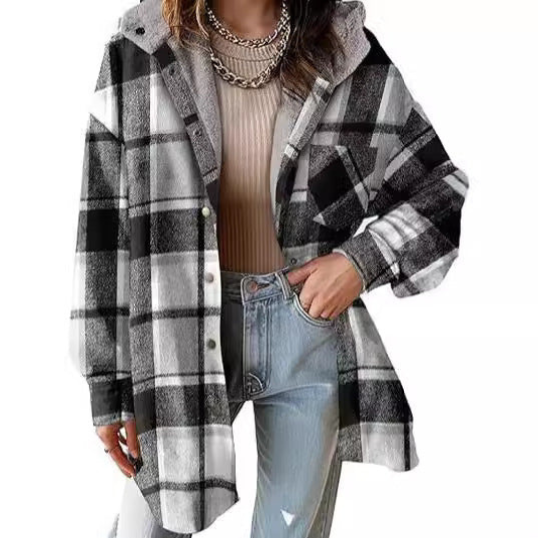 Women's Oversized Check Hooded Shirt Jacket