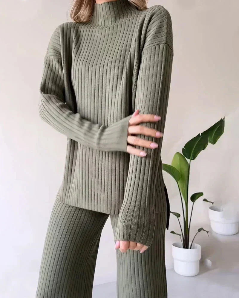 Women's Ribbed High-Neck Jumper and Wide-Leg Trousers Set