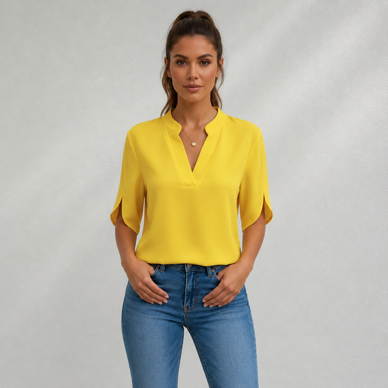 Chiffon Blouse with V-Neck and Split Sleeve Detail