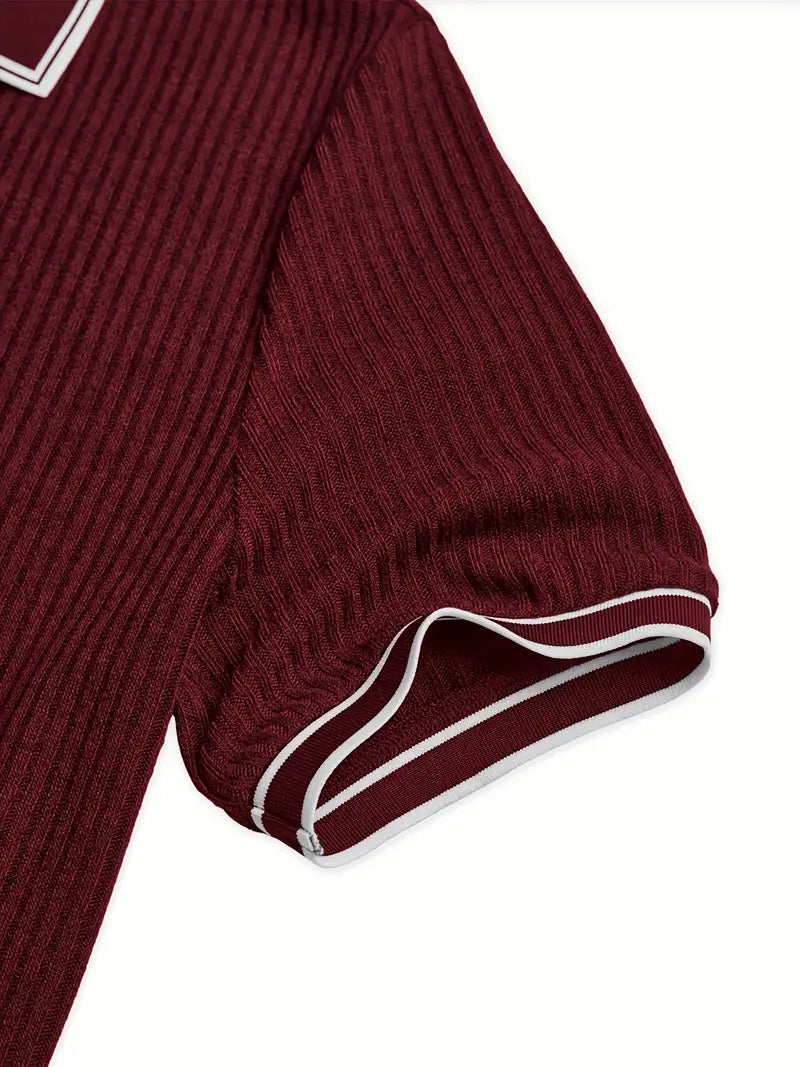 Ribbed Knit Polo with Contrast Placket Trim
