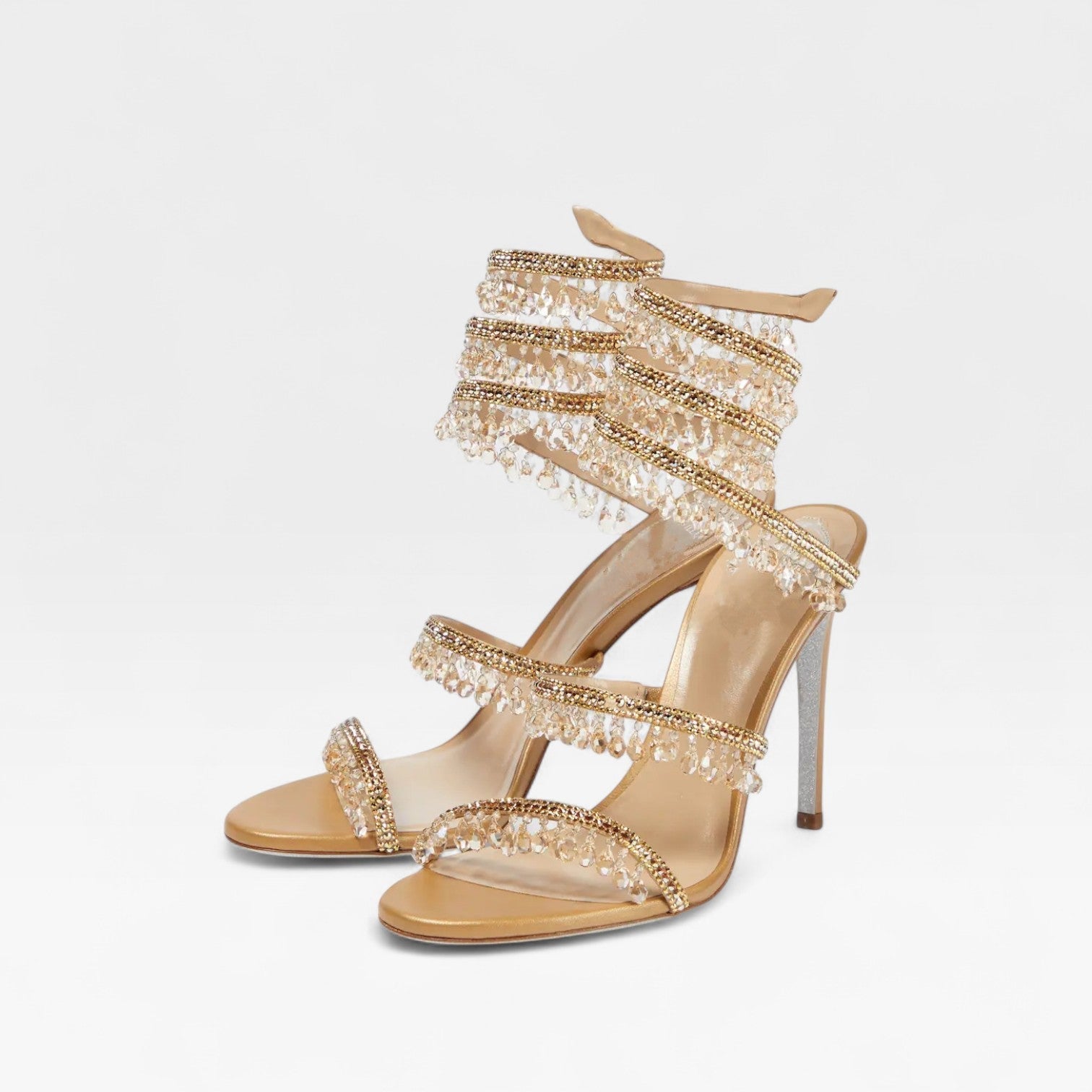 Stiletto Sandals with Spiral Wrap and Fringe Beading