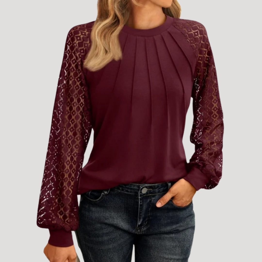 Women's Lace Sleeve Pleated Blouse