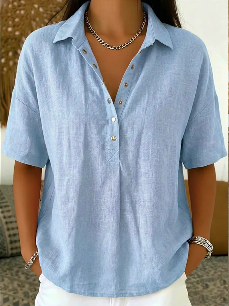 Women's Relaxed Button Neck Short Sleeve Blouse
