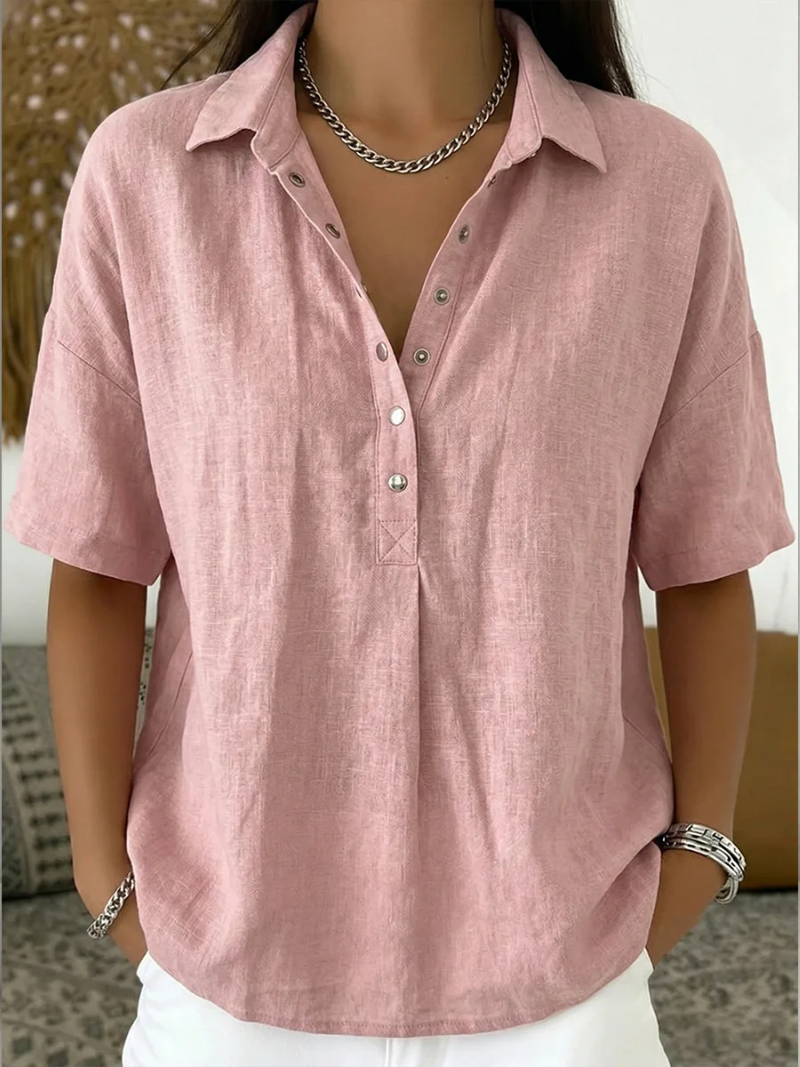 Women's Relaxed Button Neck Short Sleeve Blouse