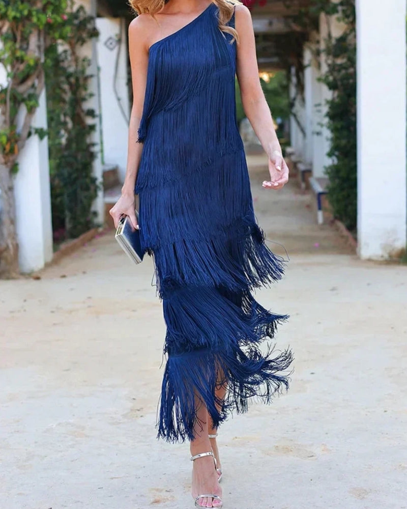 Women's One Shoulder Fringe Maxi Dress