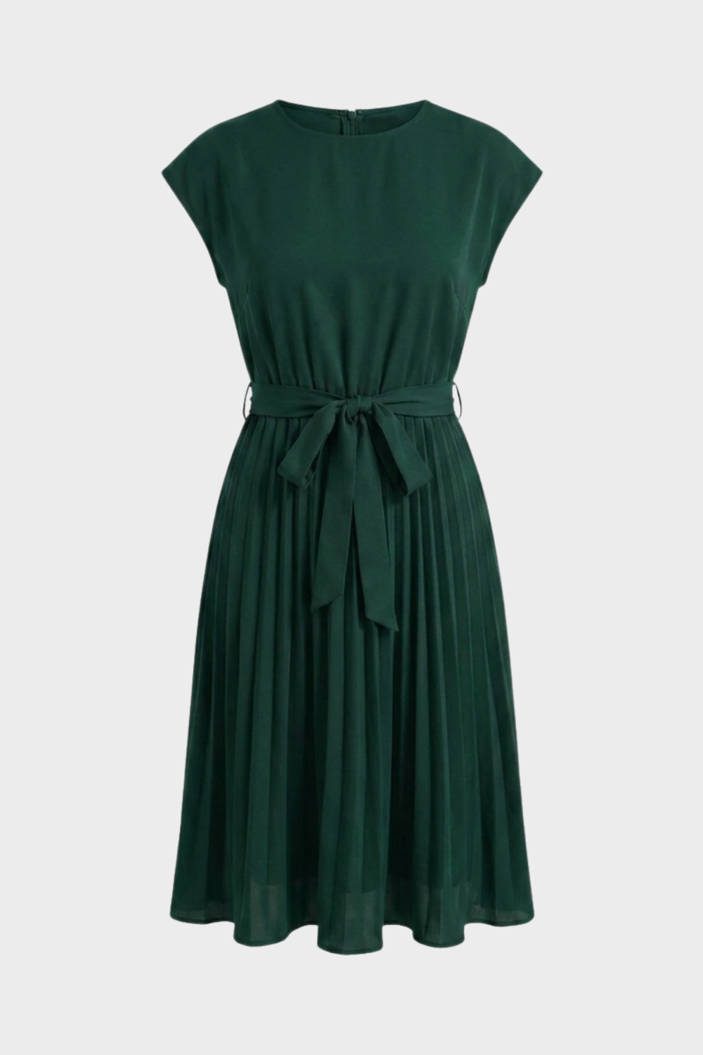 Pleated Midi Dress with Cap Sleeves and Tie Waist