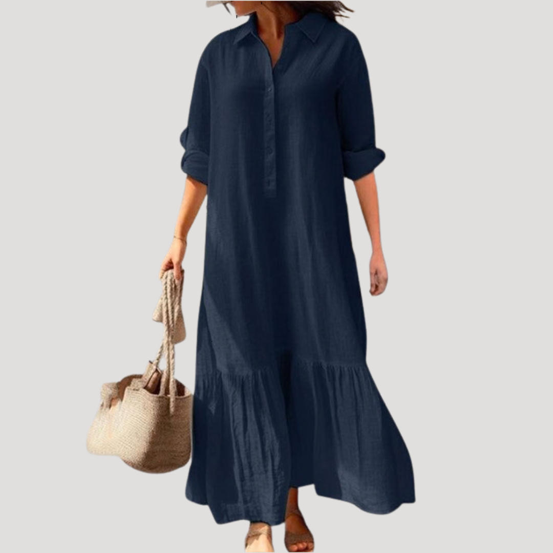 Cotton Shirt Dress with Tiered Hem and Button Front