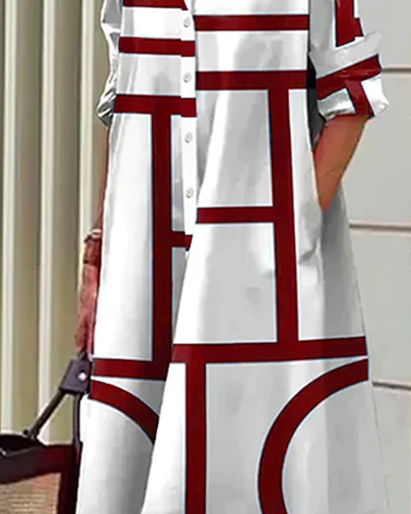 Geometric Print Shirt Dress with Button Front