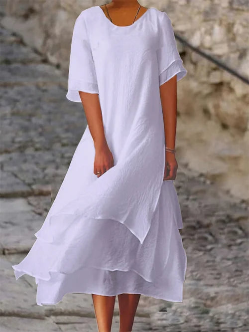 Loose Midi Dress with Tiered Ruffle Hem