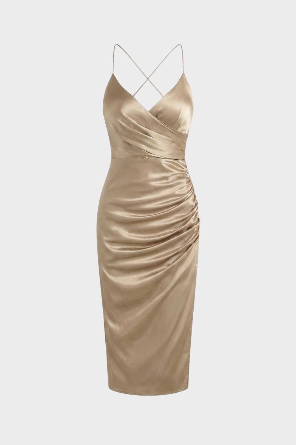 Satin Midi Dress with Ruched Side and Crossed Straps