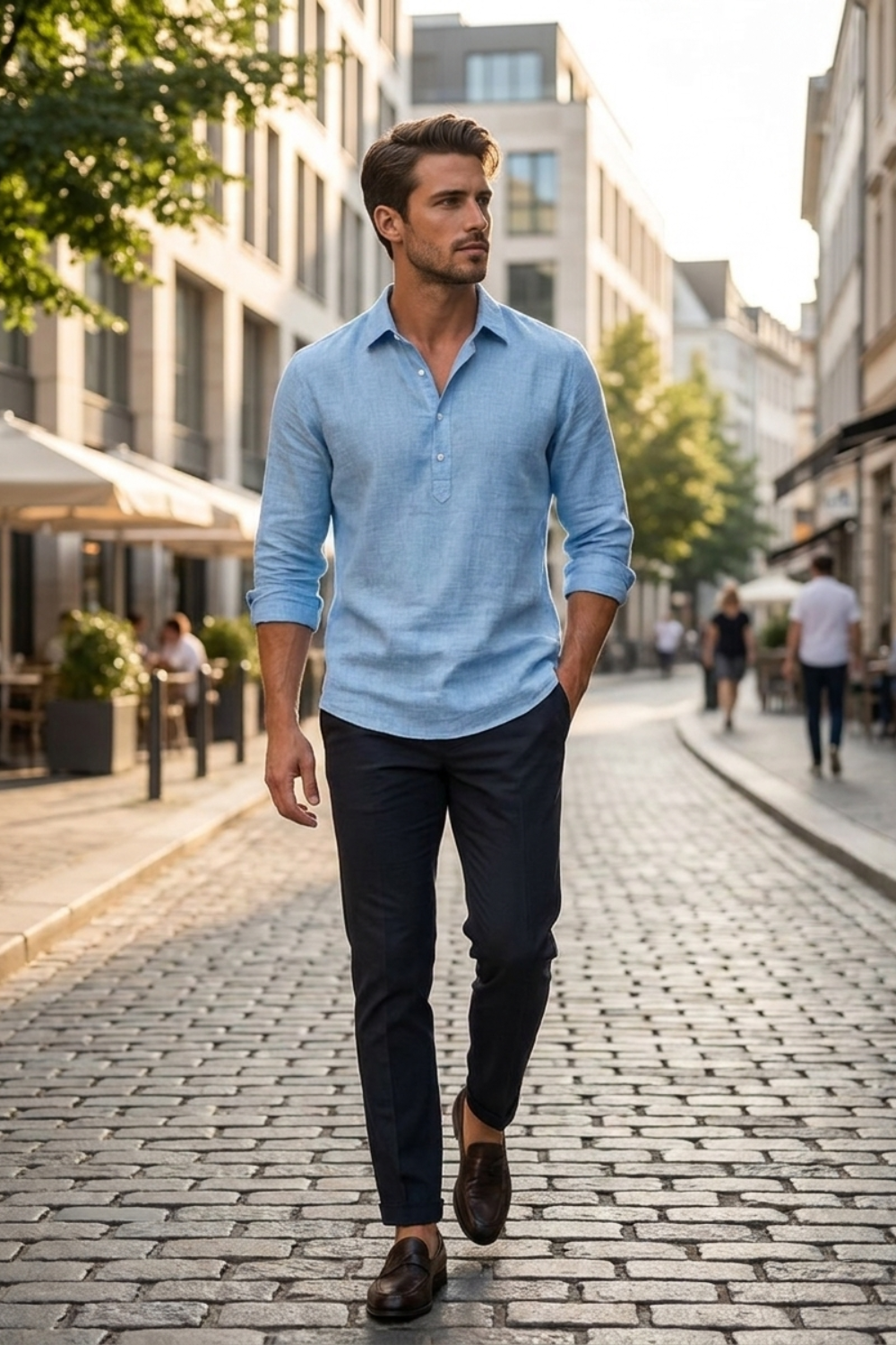 Men's Long Sleeve Shirt | Casual Half Button Collar