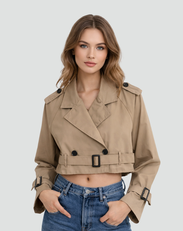Women's Cropped Double-Breasted Trench Jacket with Belt
