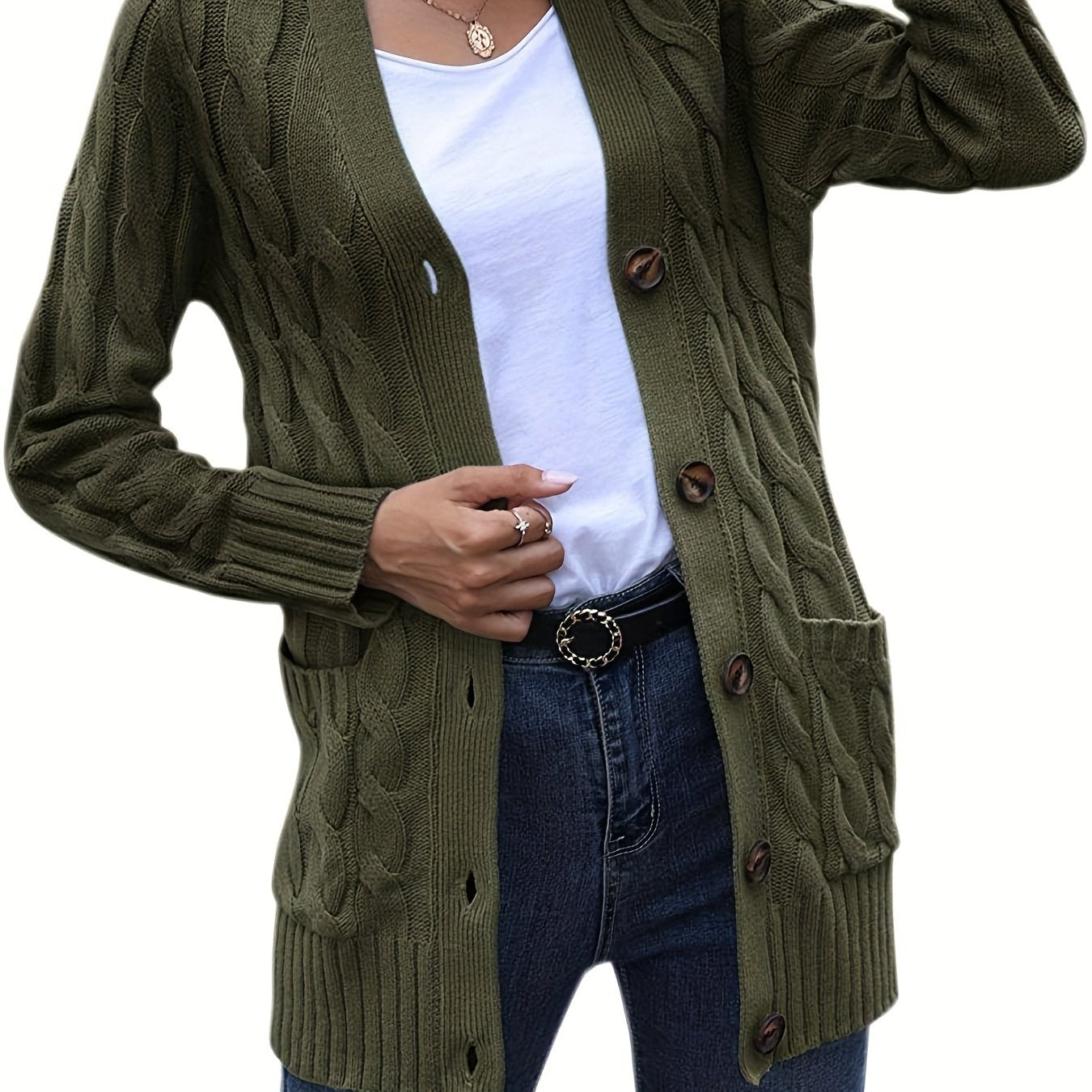 Women’s Cable Knit Longline Cardigan with Pockets