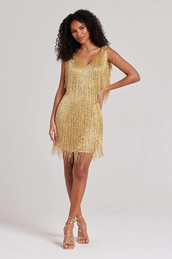 Sequin Mini Dress with Fringe Detail and V-Neck