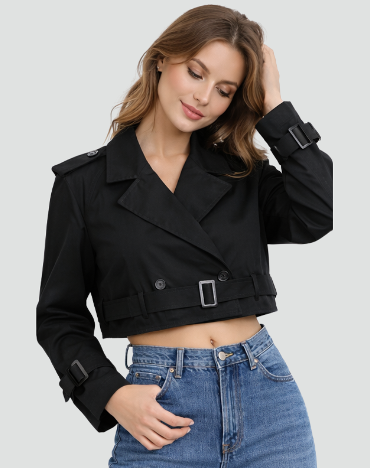 Women's Cropped Double-Breasted Trench Jacket with Belt