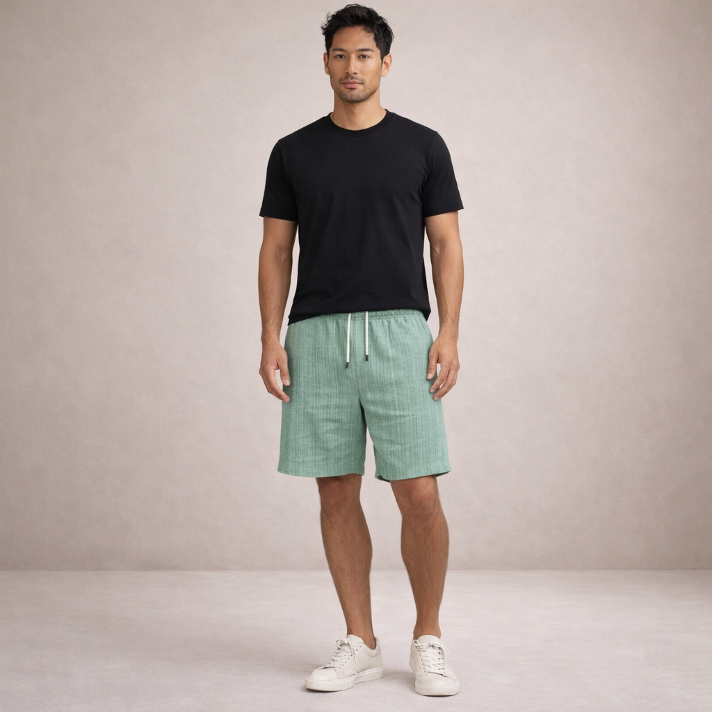 Linen-Blend Drawstring Shorts with Striped Texture