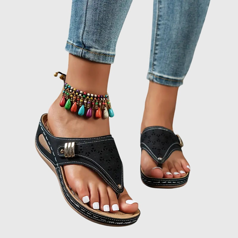 Toe-Post Wedge Sandals with Buckle Strap