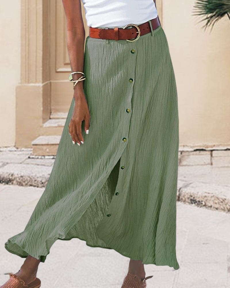 Linen Maxi Skirt with Button Front and Belted Waist