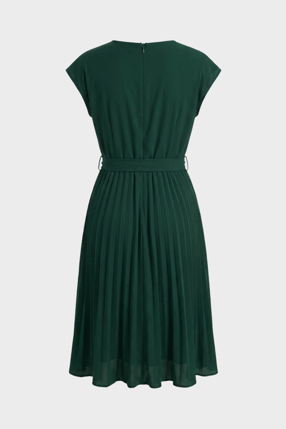 Pleated Midi Dress with Cap Sleeves and Tie Waist