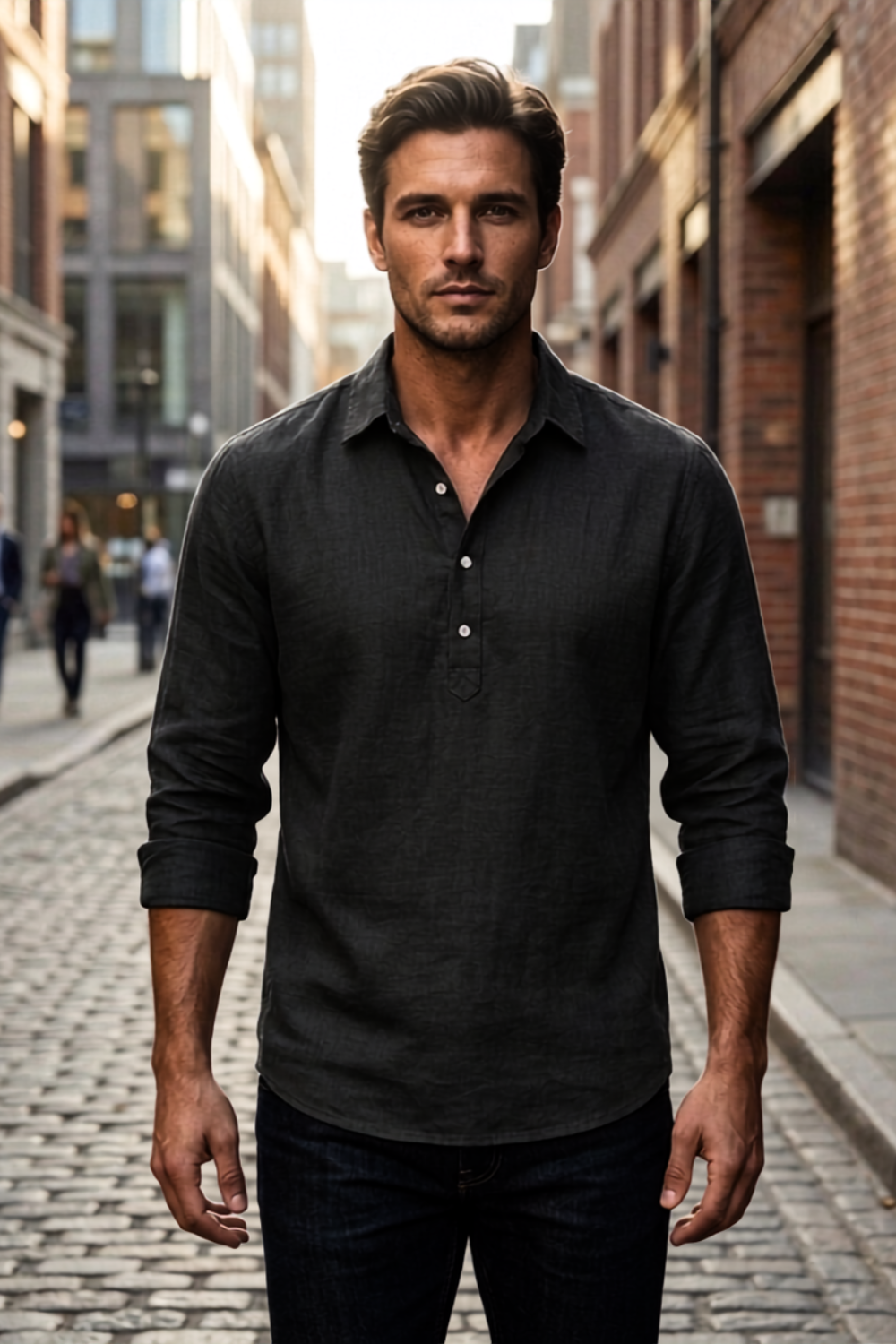 Men's Long Sleeve Shirt | Casual Half Button Collar